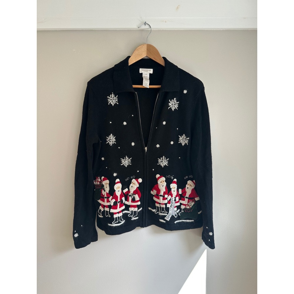 Jones New York Sport Christmas Sweater Womens Medium Black Lambswool Santa EUC